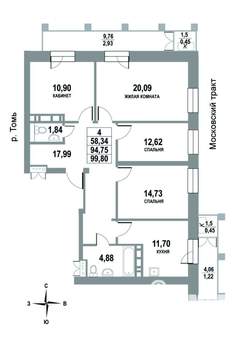 4-к квартира, строящийся дом, 100м2, 13/22 этаж