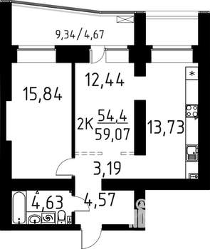 2-к квартира, строящийся дом, 59м2, 4/16 этаж