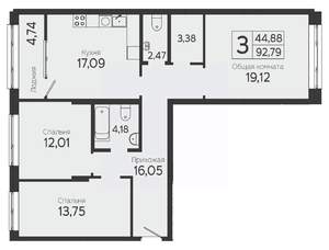 3-к квартира, вторичка, 90м2, 6/23 этаж