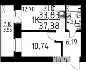 1-к квартира, строящийся дом, 37м2, 12/16 этаж