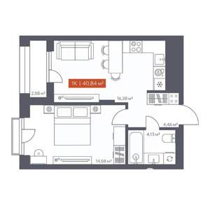 1-к квартира, вторичка, 41м2, 9/10 этаж