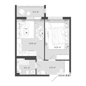 2-к квартира, строящийся дом, 44м2, 16/16 этаж