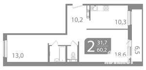 2-к квартира, вторичка, 57м2, 1/10 этаж