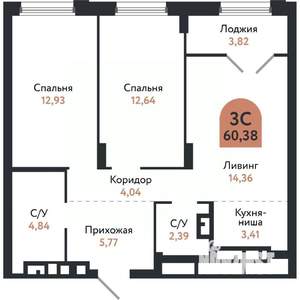 3-к квартира, вторичка, 60м2, 11/26 этаж