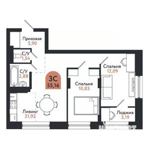 3-к квартира, вторичка, 55м2, 18/26 этаж