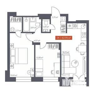 2-к квартира, строящийся дом, 63м2, 7/30 этаж