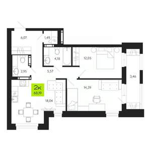 2-к квартира, строящийся дом, 68м2, 9/19 этаж