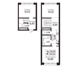 2-к квартира, вторичка, 68м2, 3/23 этаж
