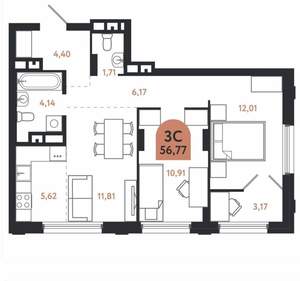 3-к квартира, вторичка, 57м2, 10/26 этаж