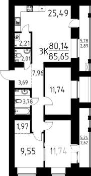 3-к квартира, строящийся дом, 86м2, 3/16 этаж