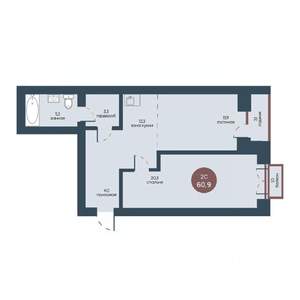 2-к квартира, строящийся дом, 61м2, 6/7 этаж