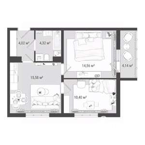 3-к квартира, строящийся дом, 53м2, 7/16 этаж