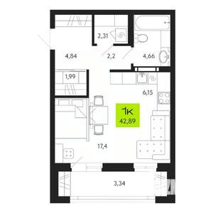 1-к квартира, строящийся дом, 43м2, 11/19 этаж