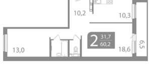 2-к квартира, вторичка, 60м2, 4/10 этаж