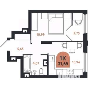 1-к квартира, строящийся дом, 32м2, 4/26 этаж