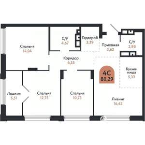 4-к квартира, вторичка, 80м2, 18/26 этаж