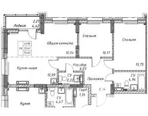 3-к квартира, вторичка, 73м2, 11/17 этаж