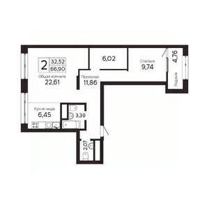 2-к квартира, вторичка, 65м2, 3/23 этаж