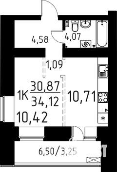 1-к квартира, строящийся дом, 34м2, 10/16 этаж