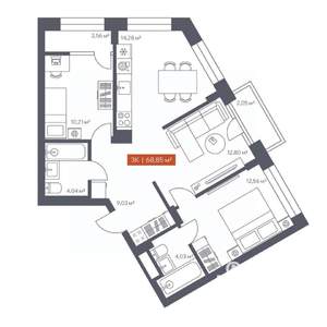 3-к квартира, вторичка, 69м2, 3/7 этаж