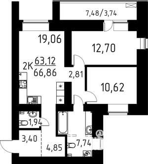 2-к квартира, строящийся дом, 67м2, 8/16 этаж