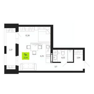 1-к квартира, вторичка, 37м2, 15/19 этаж