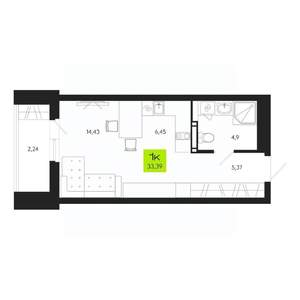 1-к квартира, вторичка, 33м2, 13/19 этаж