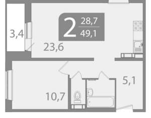 2-к квартира, вторичка, 49м2, 3/10 этаж