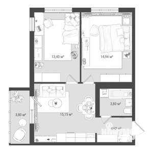 3-к квартира, строящийся дом, 55м2, 8/16 этаж