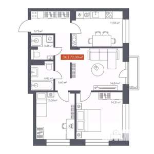 3-к квартира, вторичка, 72м2, 6/10 этаж