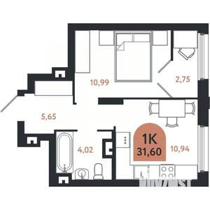 1-к квартира, строящийся дом, 32м2, 6/26 этаж