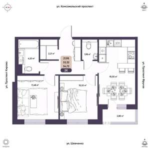 2-к квартира, вторичка, 53м2, 2/9 этаж