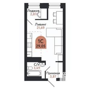 1-к квартира, строящийся дом, 29м2, 24/26 этаж