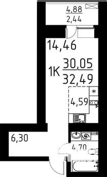 1-к квартира, строящийся дом, 32м2, 3/16 этаж