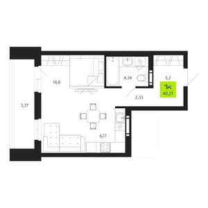 1-к квартира, строящийся дом, 40м2, 5/19 этаж