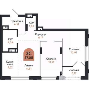 3-к квартира, вторичка, 57м2, 10/26 этаж