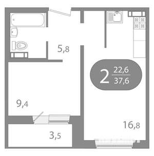 2-к квартира, вторичка, 38м2, 2/10 этаж