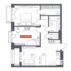 2-к квартира, вторичка, 68м2, 8/10 этаж