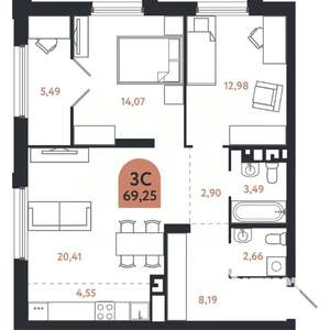 3-к квартира, вторичка, 69м2, 5/26 этаж