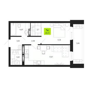 1-к квартира, строящийся дом, 49м2, 10/19 этаж