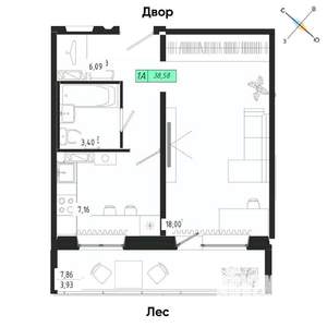 1-к квартира, вторичка, 38м2, 8/17 этаж