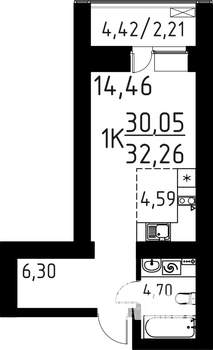 1-к квартира, строящийся дом, 32м2, 8/16 этаж