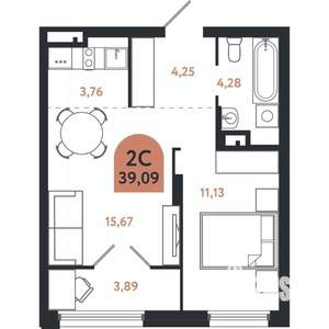 2-к квартира, вторичка, 39м2, 14/26 этаж