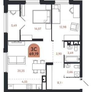 3-к квартира, вторичка, 69м2, 7/26 этаж
