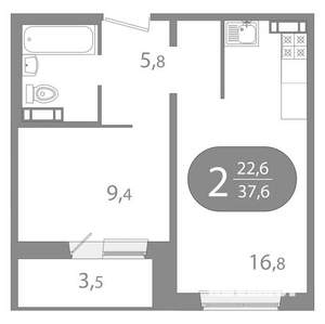 2-к квартира, вторичка, 38м2, 2/10 этаж