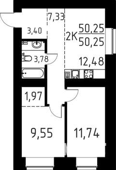 2-к квартира, строящийся дом, 50м2, 1/16 этаж