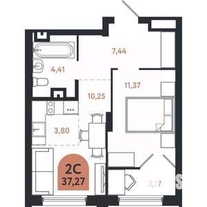 2-к квартира, строящийся дом, 37м2, 5/26 этаж