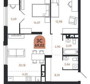 3-к квартира, вторичка, 69м2, 17/26 этаж