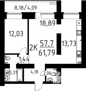 2-к квартира, строящийся дом, 62м2, 13/16 этаж