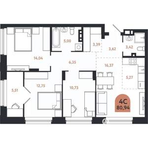 4-к квартира, вторичка, 81м2, 2/26 этаж